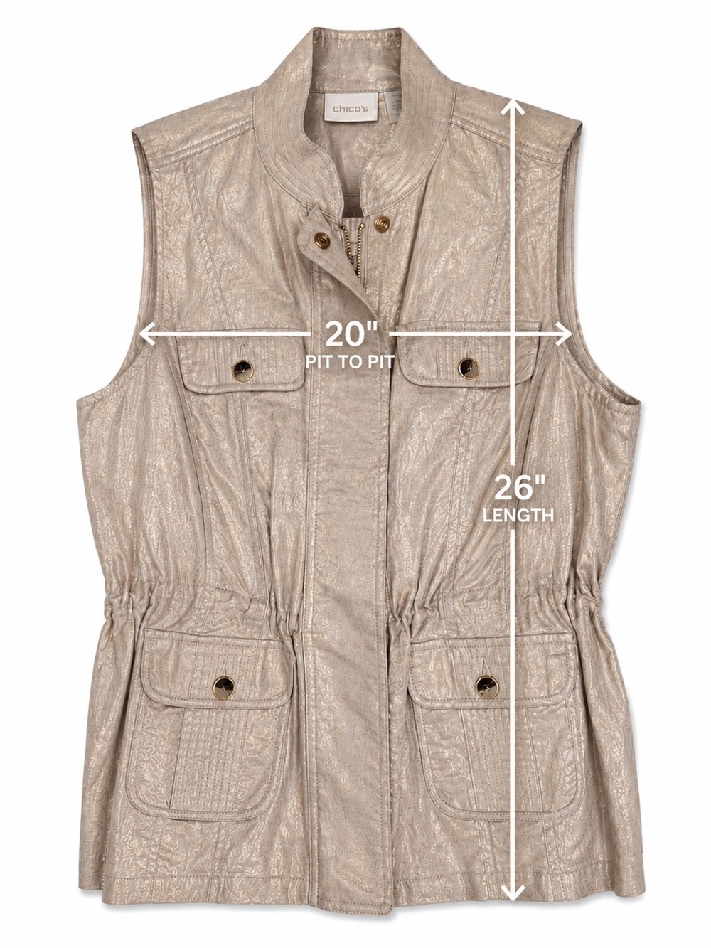 Chico’s Size 2 Linen Cotton Metallic Utility Safari Vest Gold Beige Pockets - Picture 5 of 11